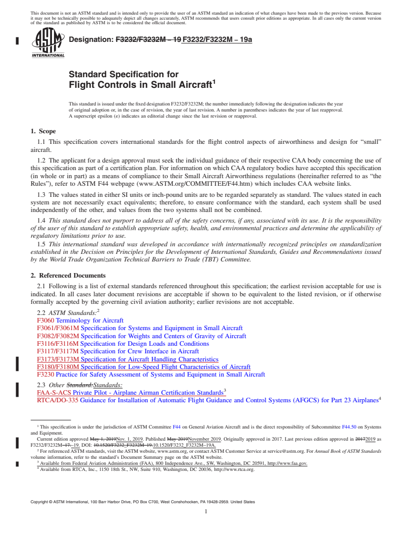 REDLINE ASTM F3232/F3232M-19a - Standard Specification for Flight Controls in Small Aircraft