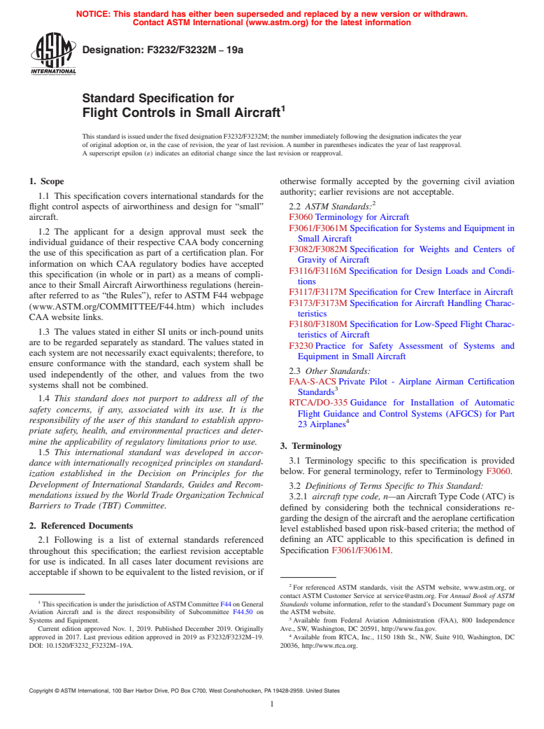 ASTM F3232/F3232M-19a - Standard Specification for Flight Controls in Small Aircraft