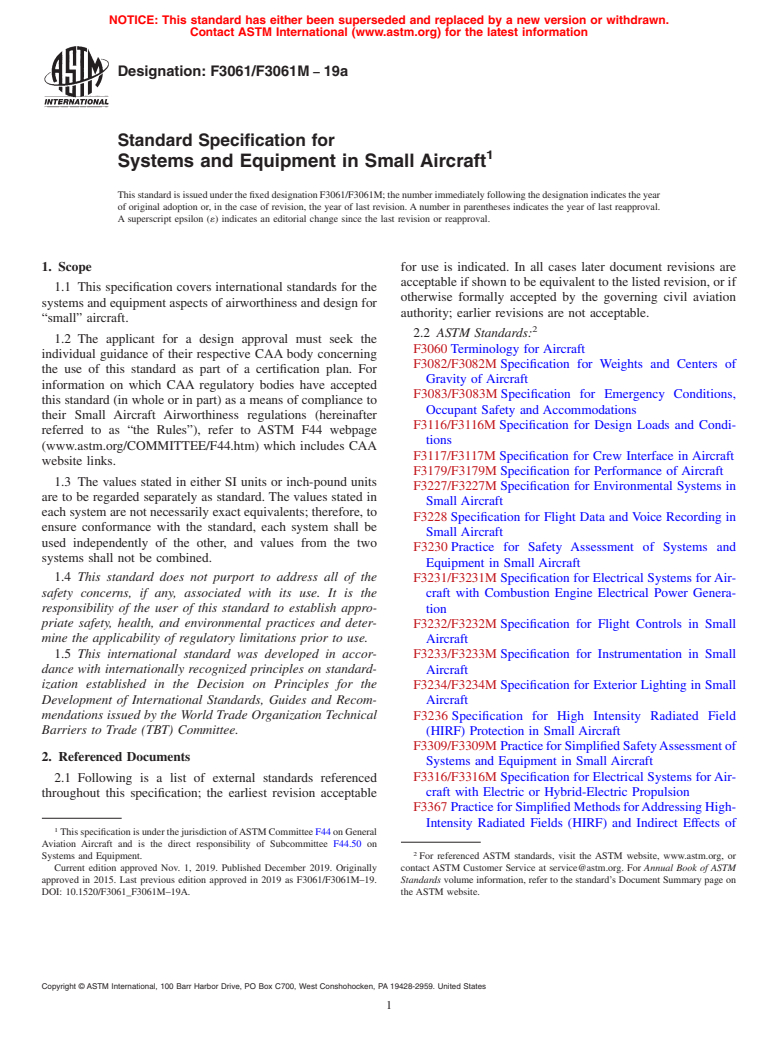 ASTM F3061/F3061M-19a - Standard Specification for Systems and Equipment in Small Aircraft