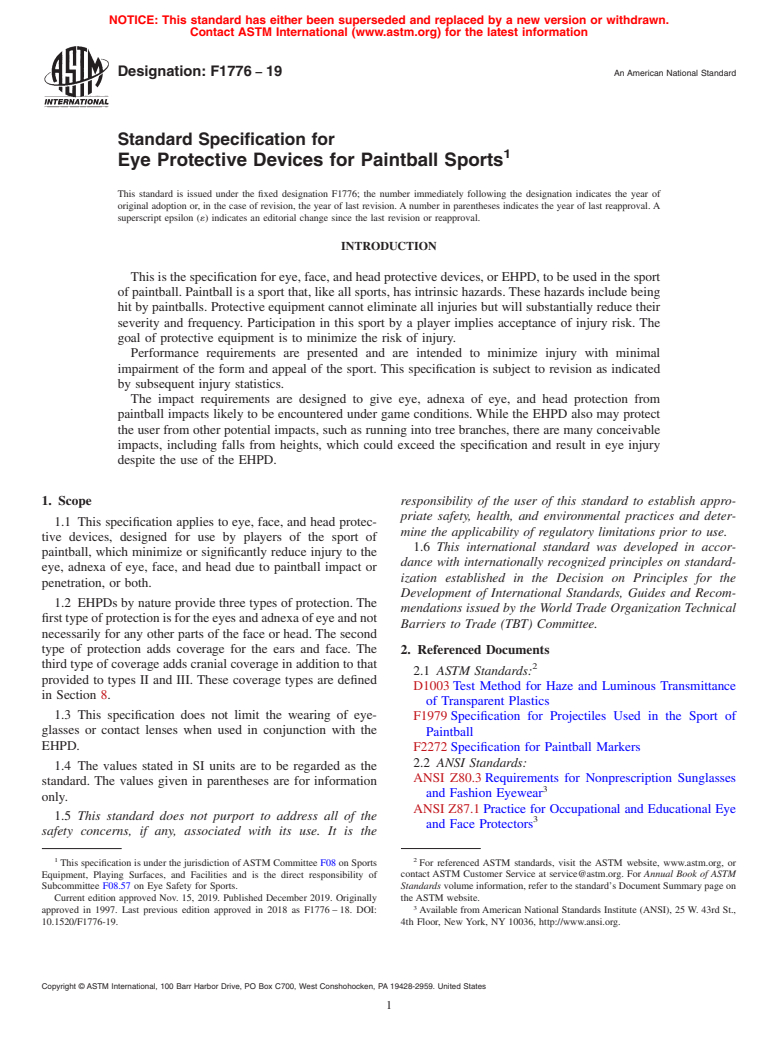 ASTM F1776-19 - Standard Specification for Eye Protective Devices for Paintball Sports