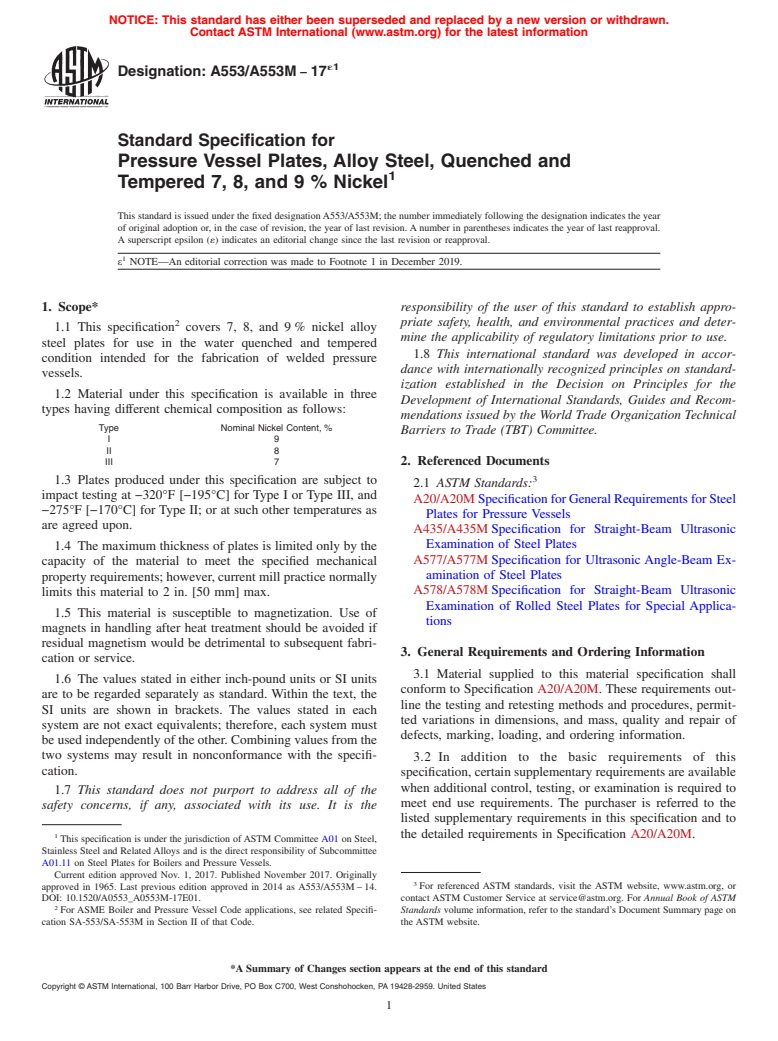ASTM A553/A553M-17e1 - Standard Specification for  Pressure Vessel Plates, Alloy Steel, Quenched and Tempered  7, 8, and 9 % Nickel