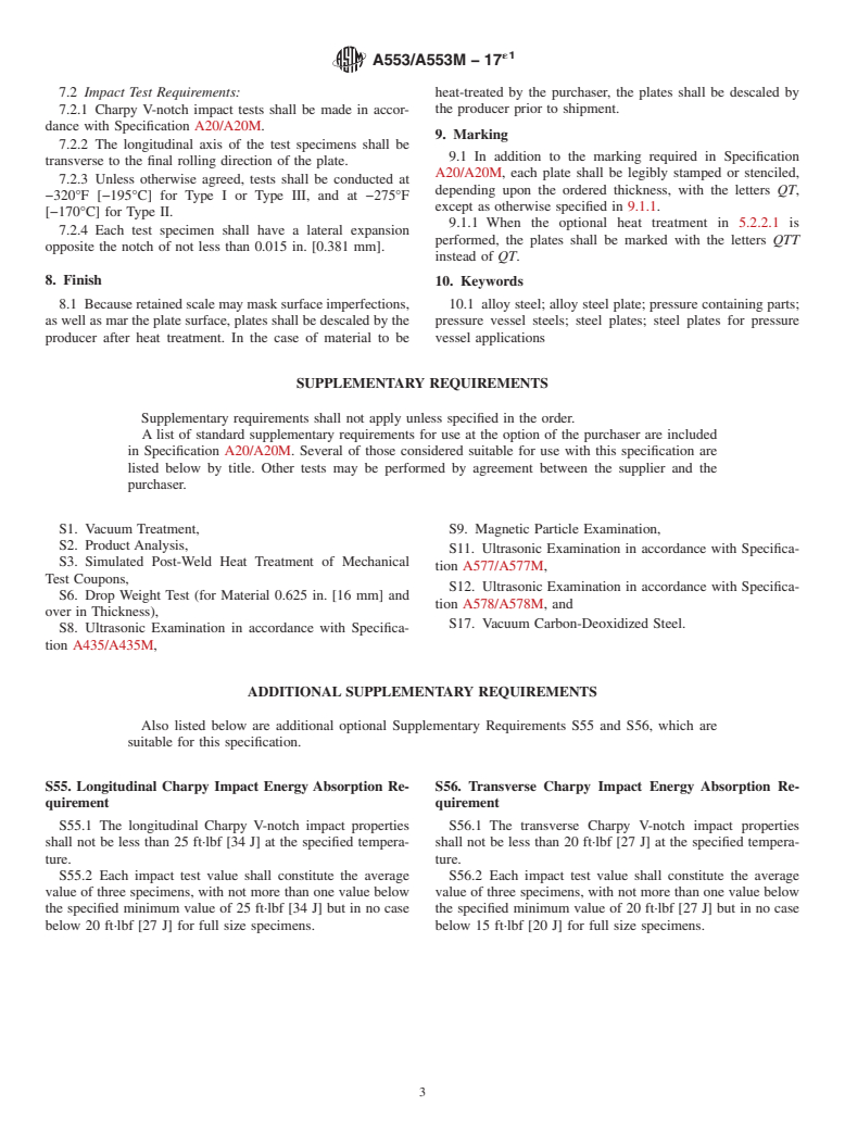 ASTM A553/A553M-17e1 - Standard Specification for  Pressure Vessel Plates, Alloy Steel, Quenched and Tempered  7, 8, and 9 % Nickel