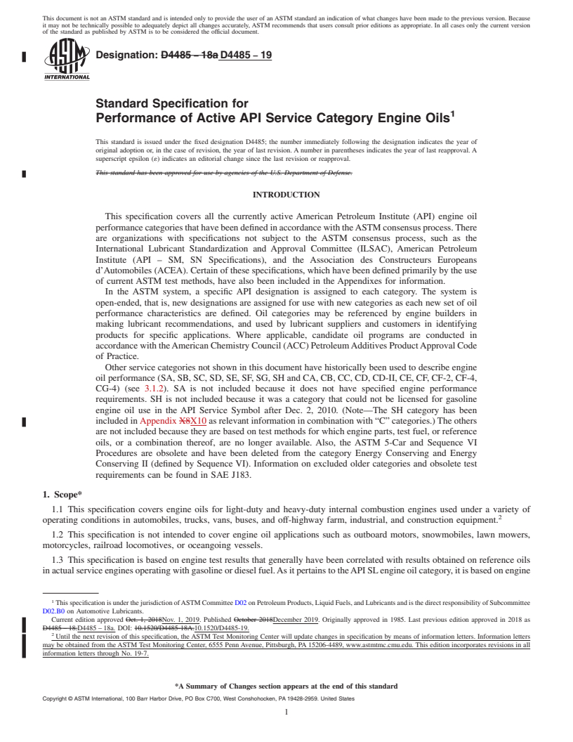 REDLINE ASTM D4485-19 - Standard Specification for  Performance of Active API Service Category Engine Oils