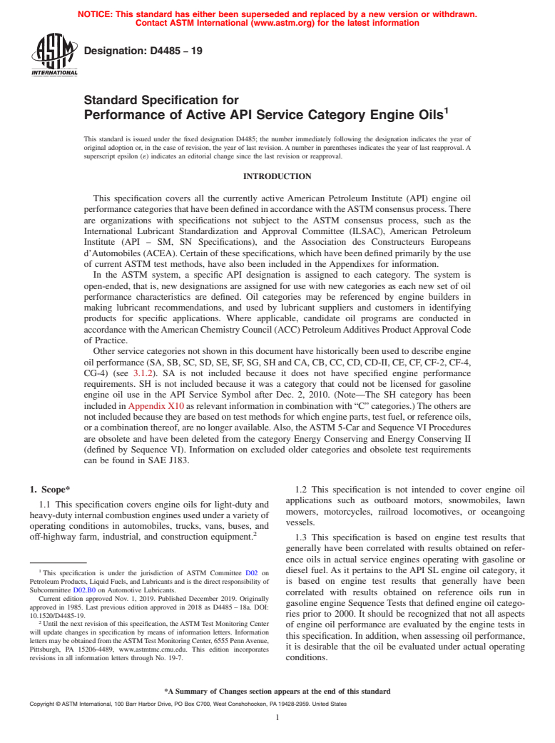 ASTM D4485-19 - Standard Specification for  Performance of Active API Service Category Engine Oils