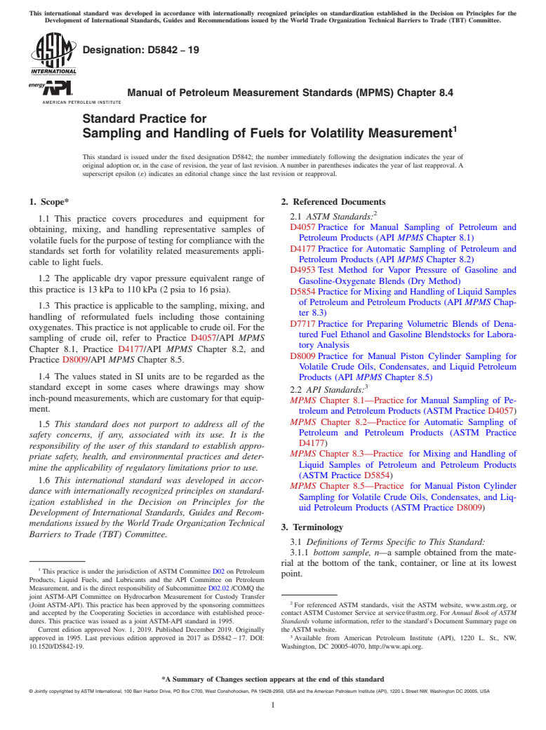 ASTM D5842-19 - Standard Practice for Sampling and Handling of Fuels for Volatility Measurement