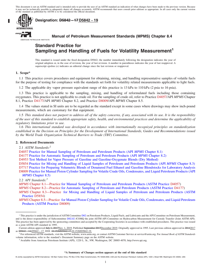 REDLINE ASTM D5842-19 - Standard Practice for Sampling and Handling of Fuels for Volatility Measurement