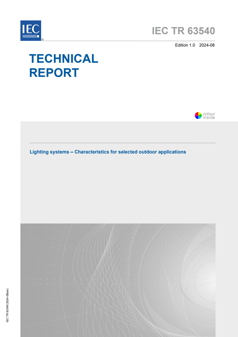 IEC TR 63540:2024 - Lighting systems - Characteristics for selected outdoor applications
Released:6. 08. 2024
Isbn:9782832295014