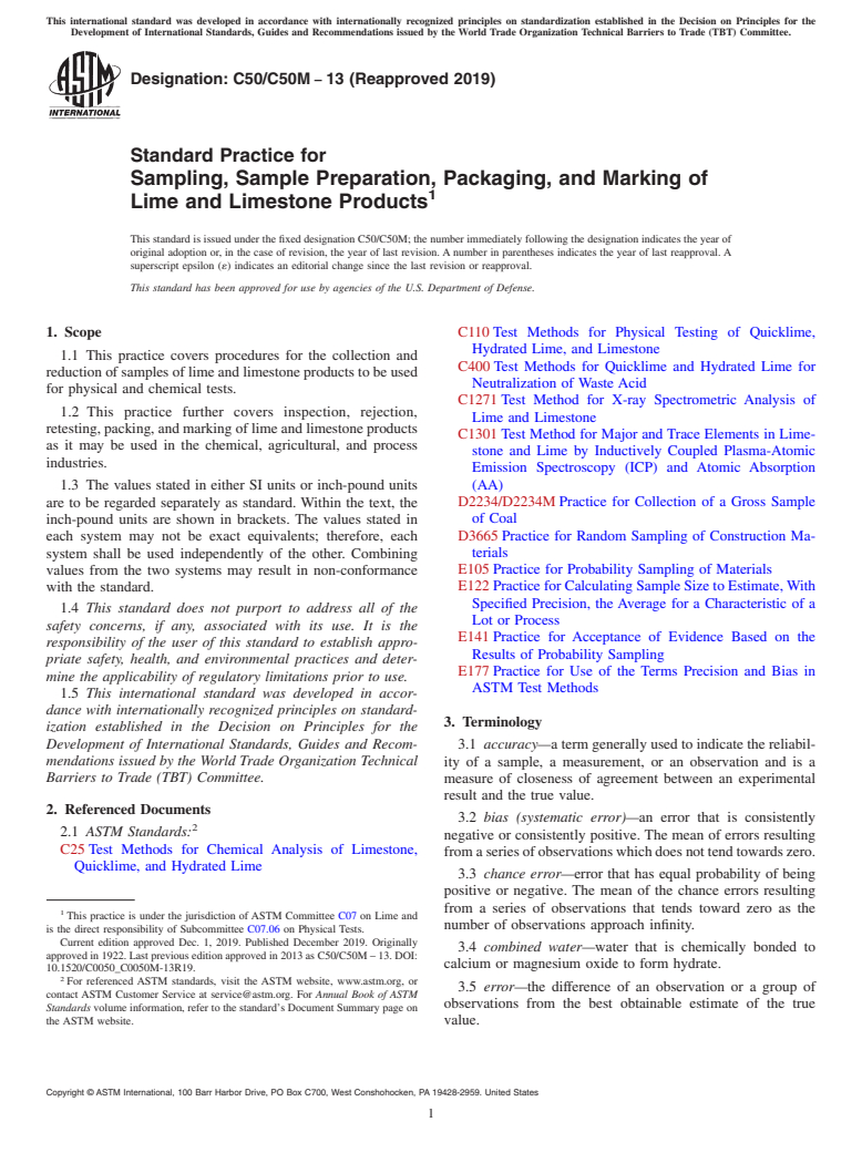 ASTM C50/C50M-13(2019) - Standard Practice for  Sampling, Sample Preparation, Packaging, and Marking of Lime  and Limestone Products