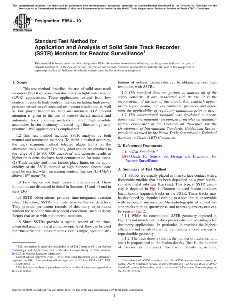 ASTM E854-19 - Standard Test Method for  Application and Analysis of Solid State Track Recorder (SSTR)  Monitors for Reactor Surveillance