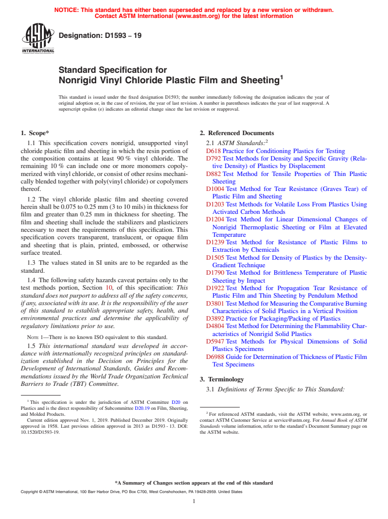 ASTM D1593-19 - Standard Specification for Nonrigid Vinyl Chloride Plastic Film and Sheeting