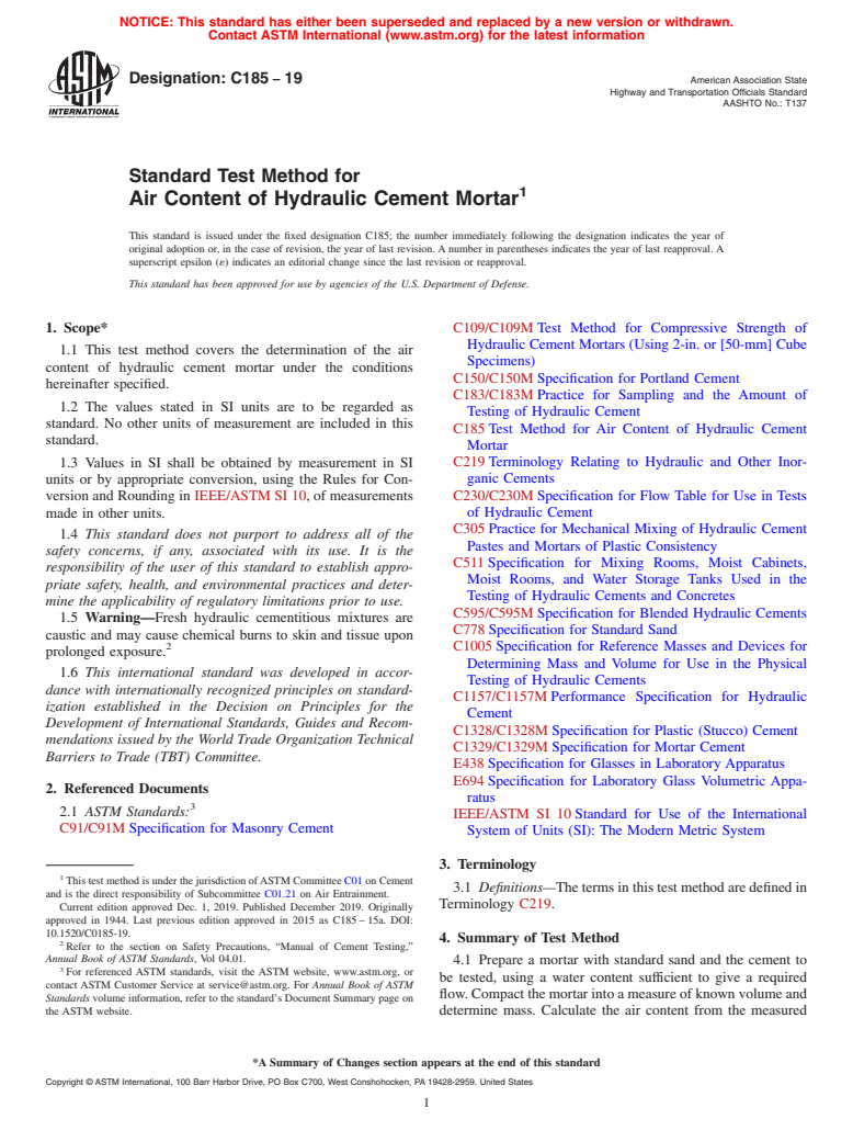 ASTM C185-19 - Standard Test Method for  Air Content of Hydraulic Cement Mortar