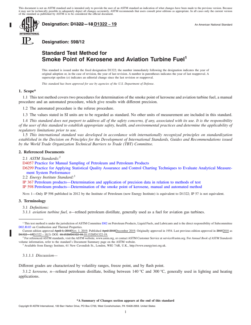 REDLINE ASTM D1322-19 - Standard Test Method for Smoke Point of Kerosene and Aviation Turbine Fuel