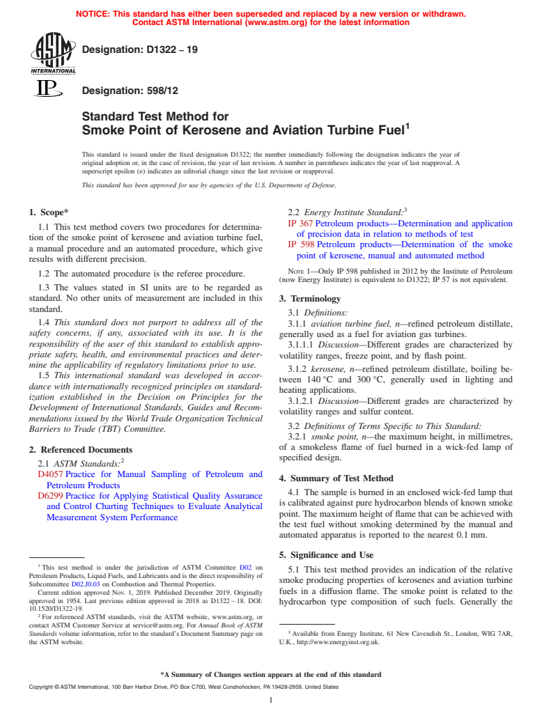 ASTM D1322-19 - Standard Test Method for Smoke Point of Kerosene and Aviation Turbine Fuel