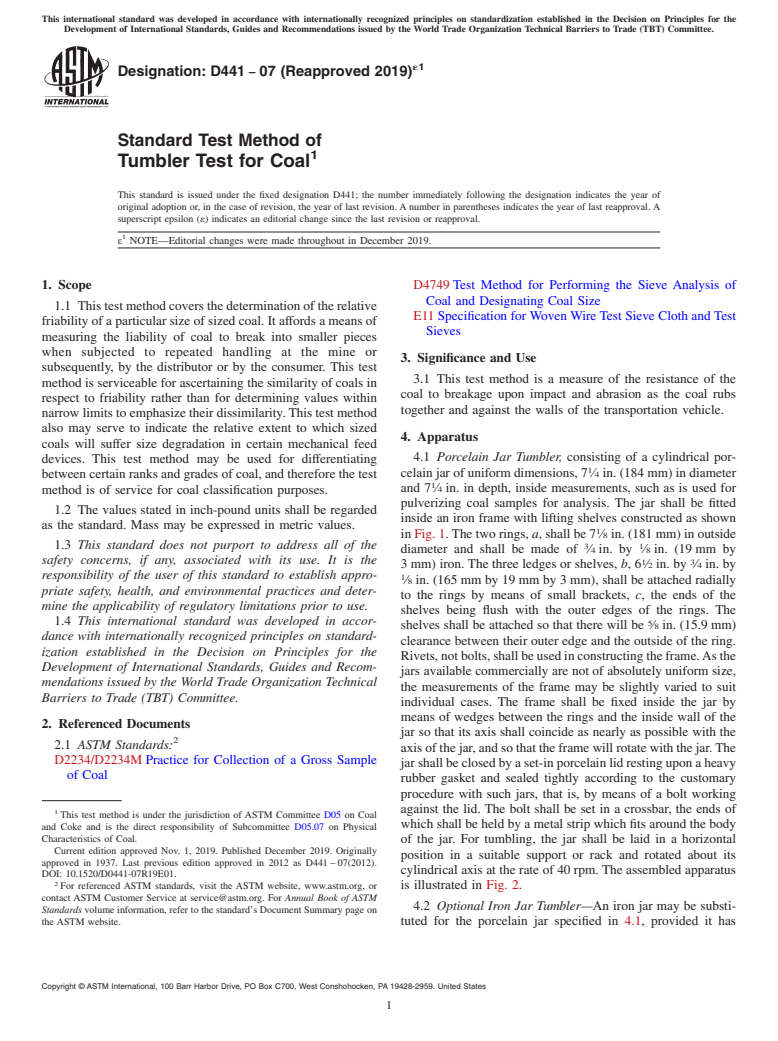 ASTM D441-07(2019)e1 - Standard Test Method of  Tumbler Test for Coal