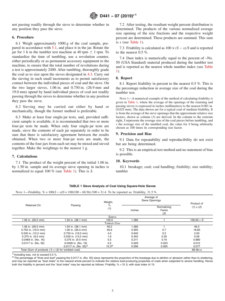 ASTM D441-07(2019)e1 - Standard Test Method of  Tumbler Test for Coal