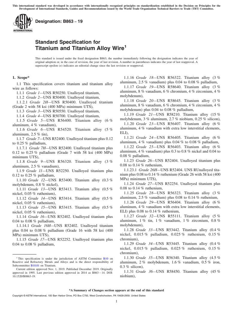 ASTM B863-19 - Standard Specification for Titanium and Titanium Alloy Wire