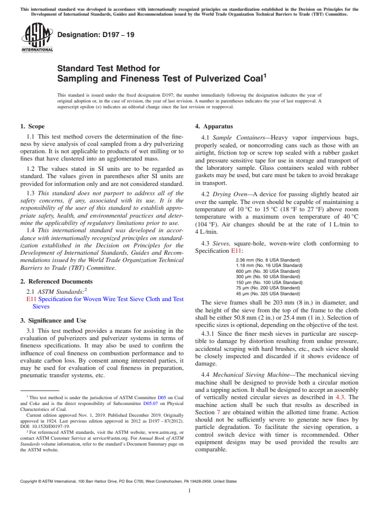 ASTM D197-19 - Standard Test Method for  Sampling and Fineness Test of Pulverized Coal