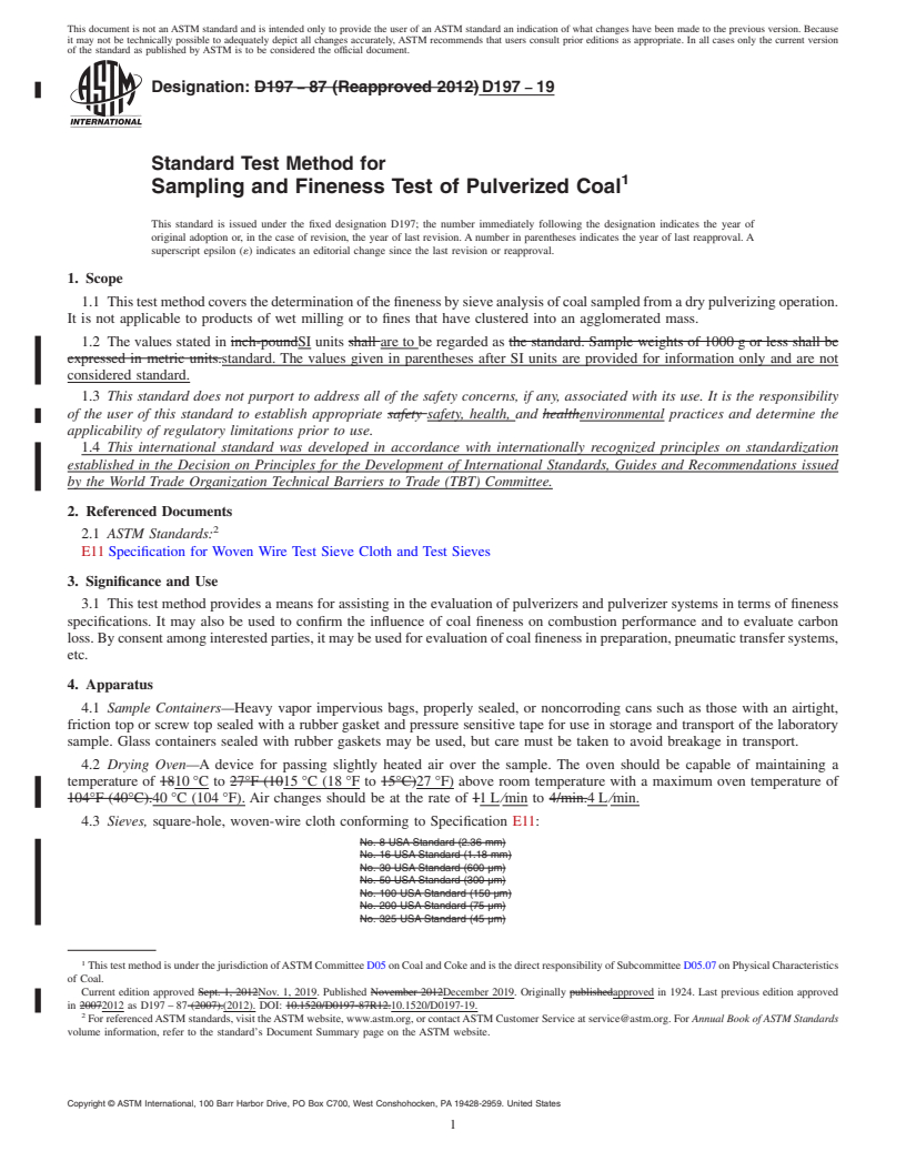 REDLINE ASTM D197-19 - Standard Test Method for  Sampling and Fineness Test of Pulverized Coal