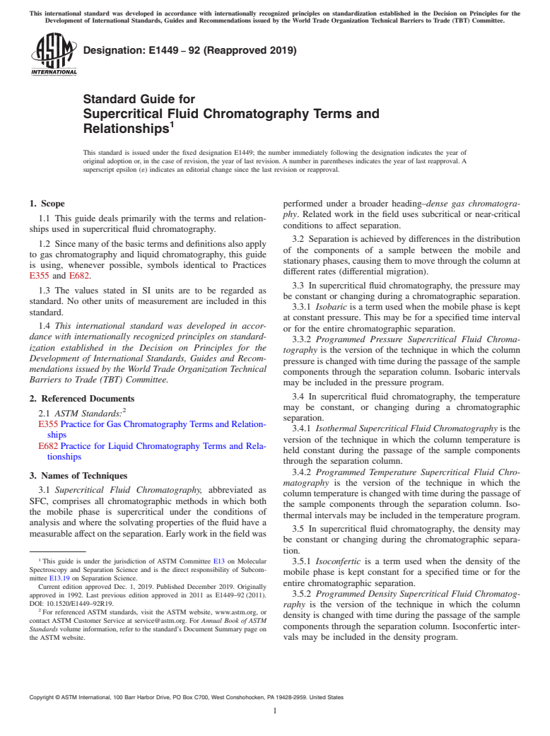 ASTM E1449-92(2019) - Standard Guide for Supercritical Fluid Chromatography Terms and Relationships