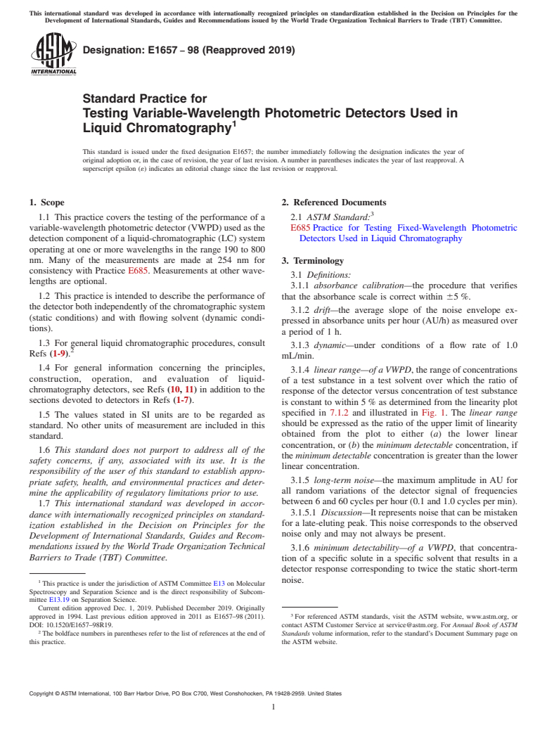 ASTM E1657-98(2019) - Standard Practice for Testing Variable-Wavelength Photometric Detectors Used in Liquid  Chromatography