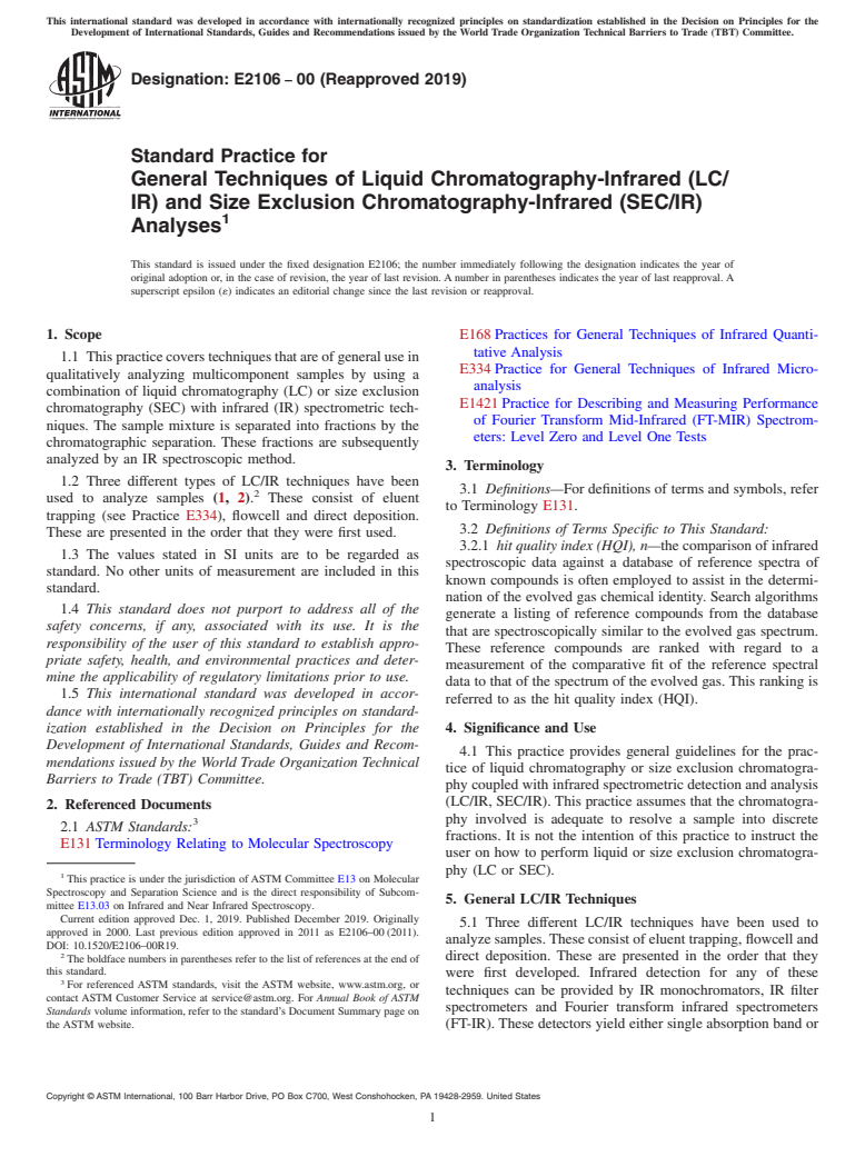 ASTM E2106-00(2019) - Standard Practice for General Techniques of Liquid Chromatography-Infrared (LC/IR)  and Size Exclusion Chromatography-Infrared (SEC/IR) Analyses