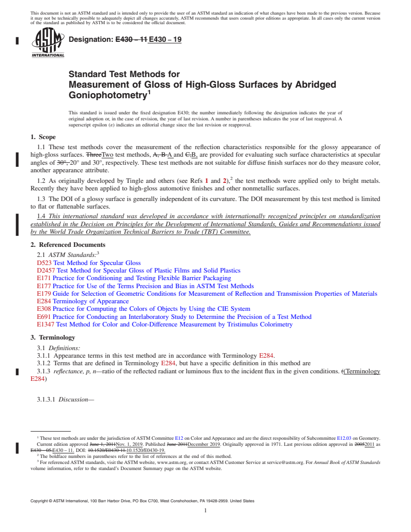 REDLINE ASTM E430-19 - Standard Test Methods for Measurement of Gloss of High-Gloss Surfaces by Abridged Goniophotometry