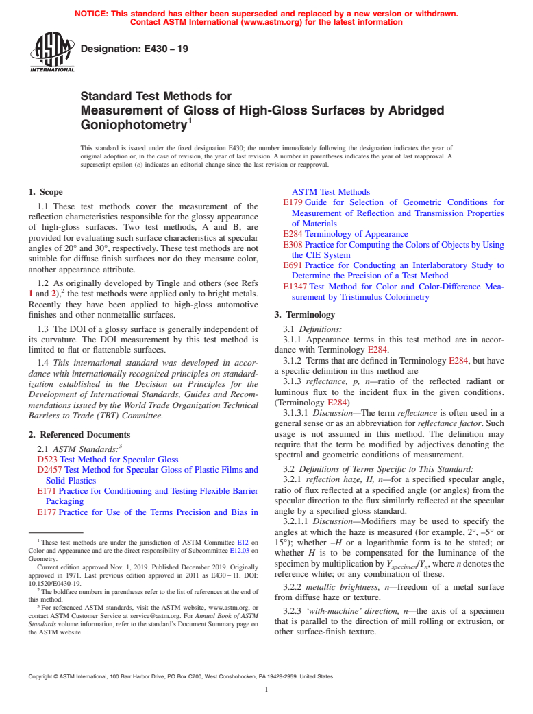 ASTM E430-19 - Standard Test Methods for Measurement of Gloss of High-Gloss Surfaces by Abridged Goniophotometry