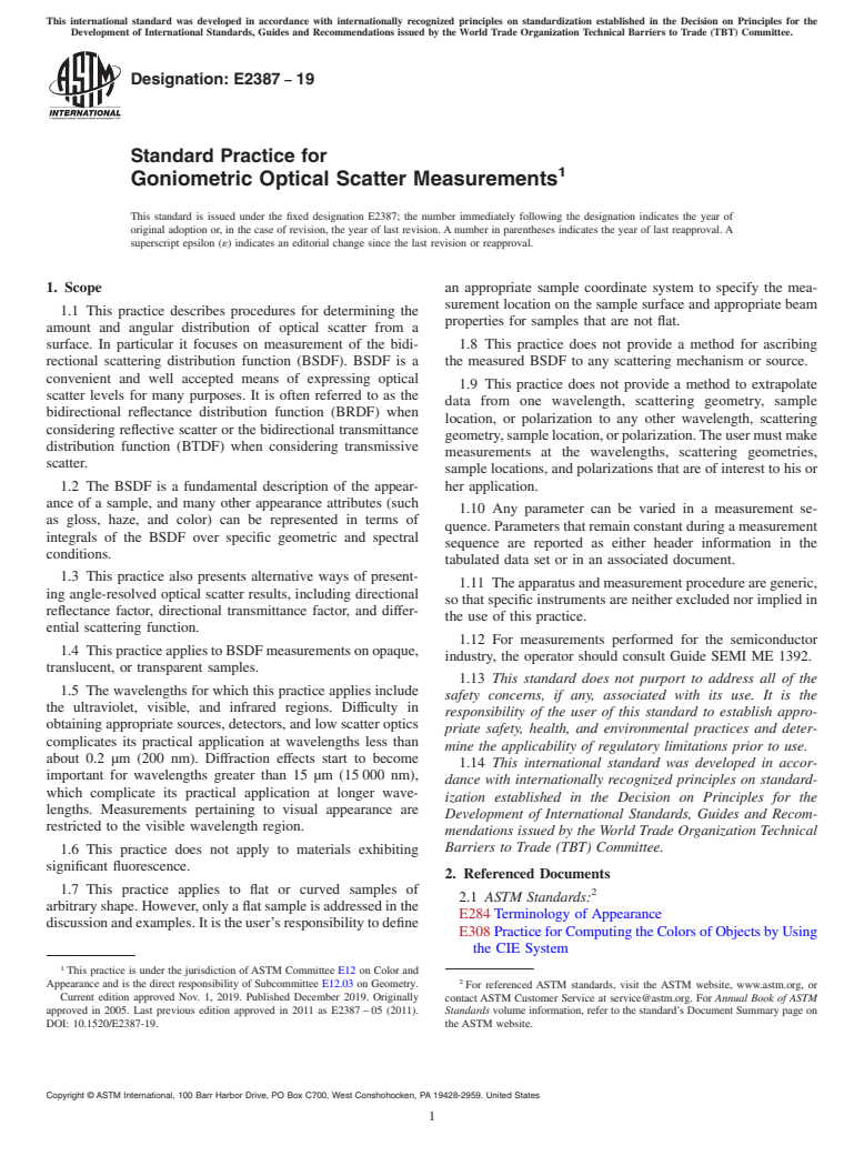 ASTM E2387-19 - Standard Practice for Goniometric Optical Scatter Measurements