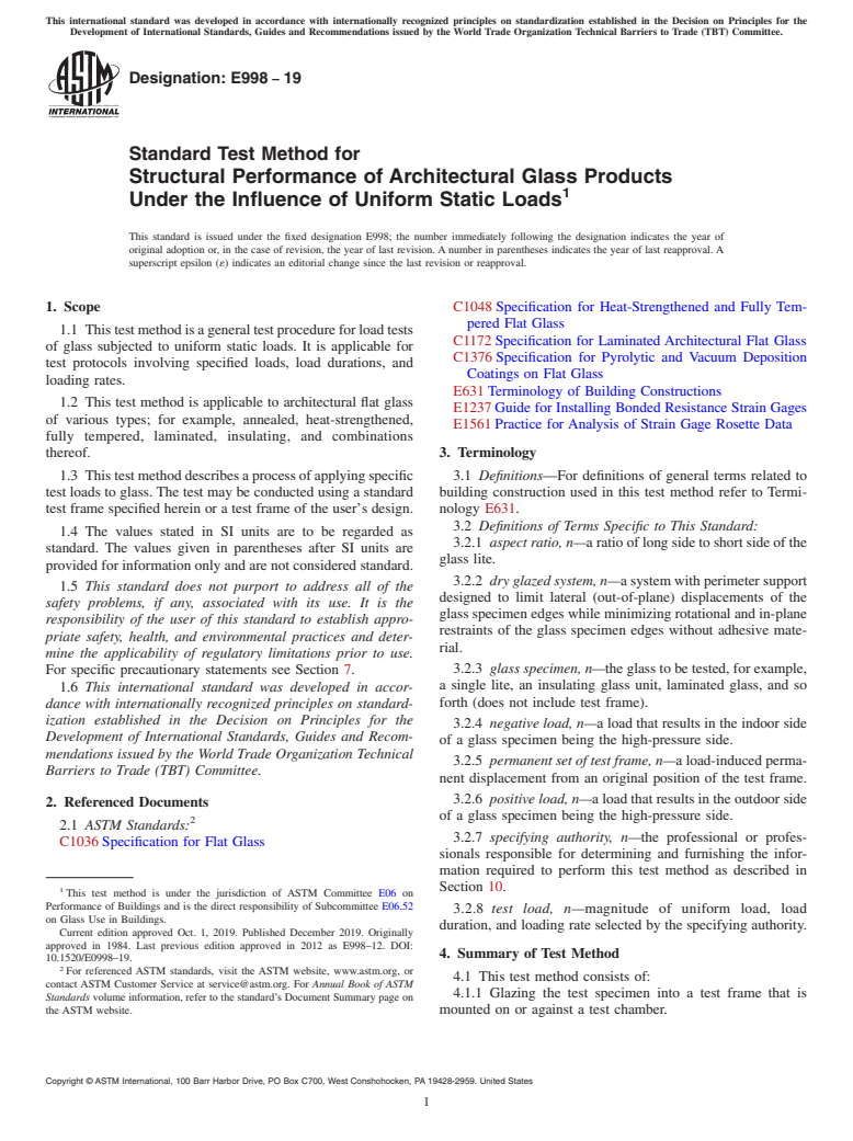 ASTM E998-19 - Standard Test Method for Structural Performance of Architectural Glass Products Under  the Influence of Uniform Static Loads