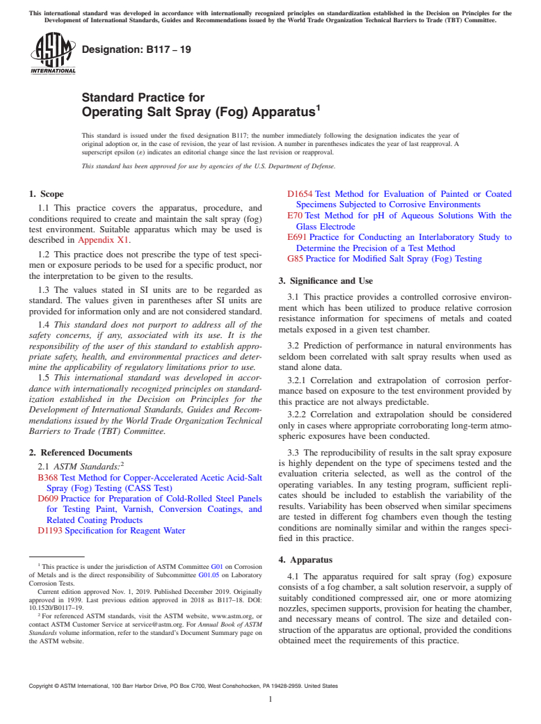 ASTM B117-19 - Standard Practice for Operating Salt Spray (Fog) Apparatus