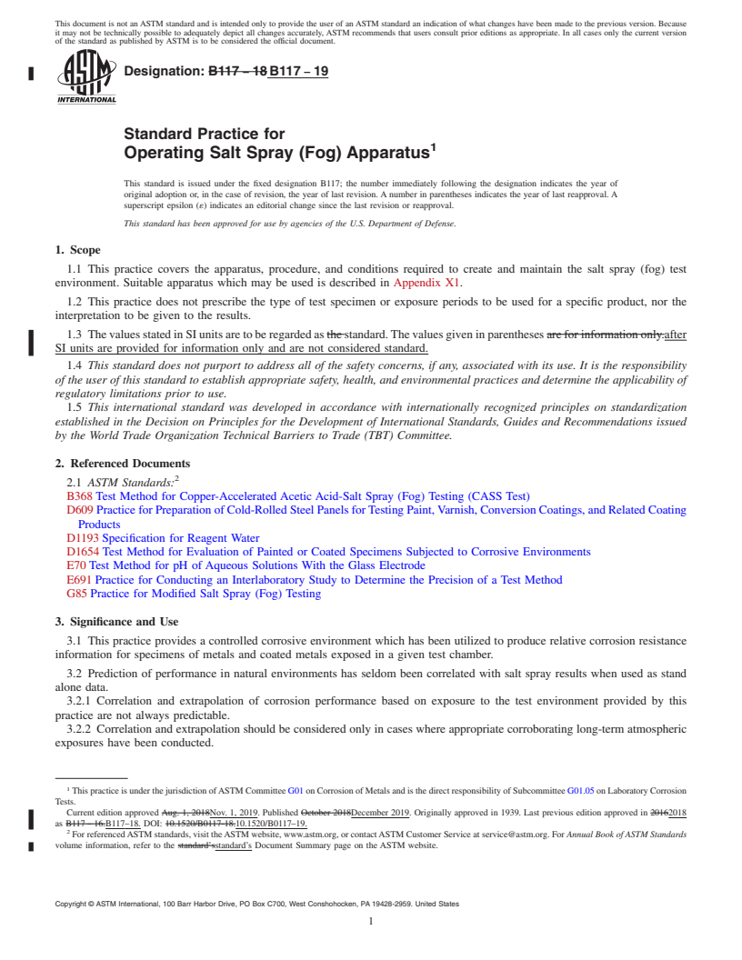REDLINE ASTM B117-19 - Standard Practice for Operating Salt Spray (Fog) Apparatus