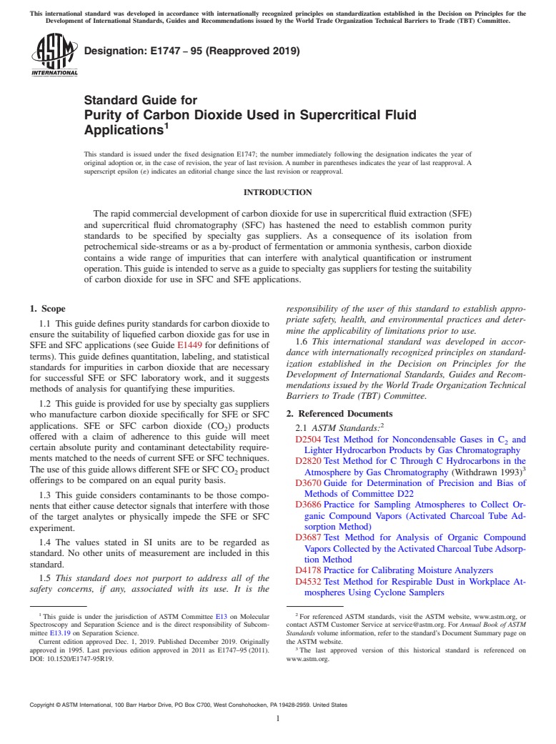 ASTM E1747-95(2019) - Standard Guide for Purity of Carbon Dioxide Used in Supercritical Fluid Applications