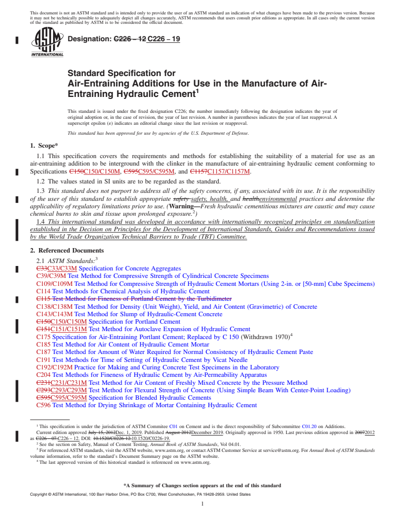 REDLINE ASTM C226-19 - Standard Specification for  Air-Entraining Additions for Use in the Manufacture of Air-Entraining  Hydraulic Cement