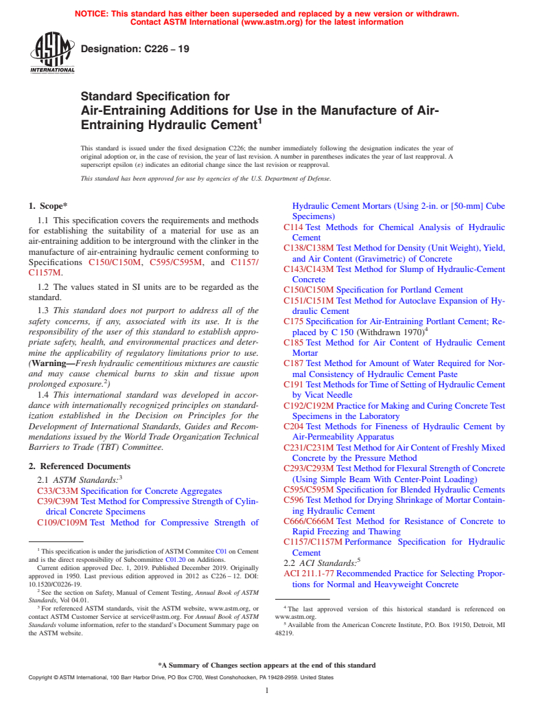 ASTM C226-19 - Standard Specification for  Air-Entraining Additions for Use in the Manufacture of Air-Entraining  Hydraulic Cement