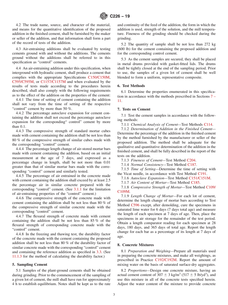 ASTM C226-19 - Standard Specification for  Air-Entraining Additions for Use in the Manufacture of Air-Entraining  Hydraulic Cement