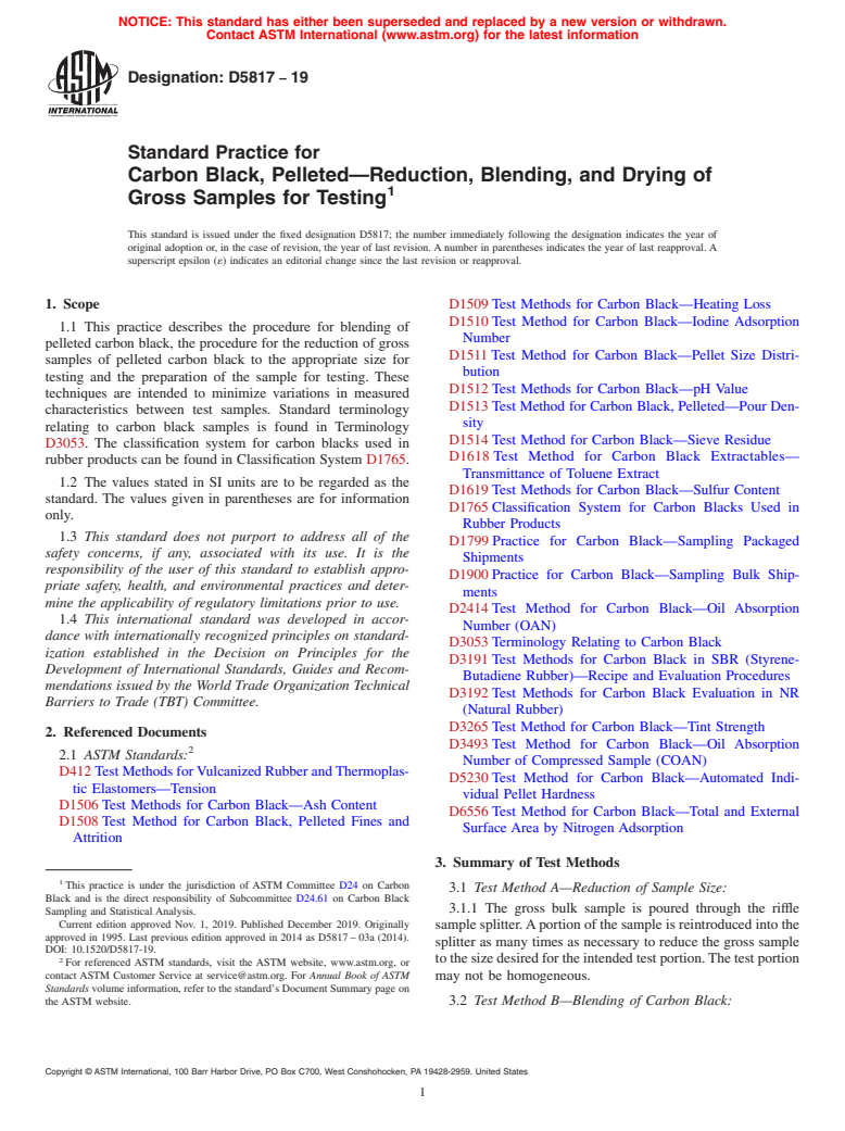 ASTM D5817-19 - Standard Practice for Carbon Black, Pelleted&#x2014;Reduction, Blending, and Drying  of Gross Samples for Testing