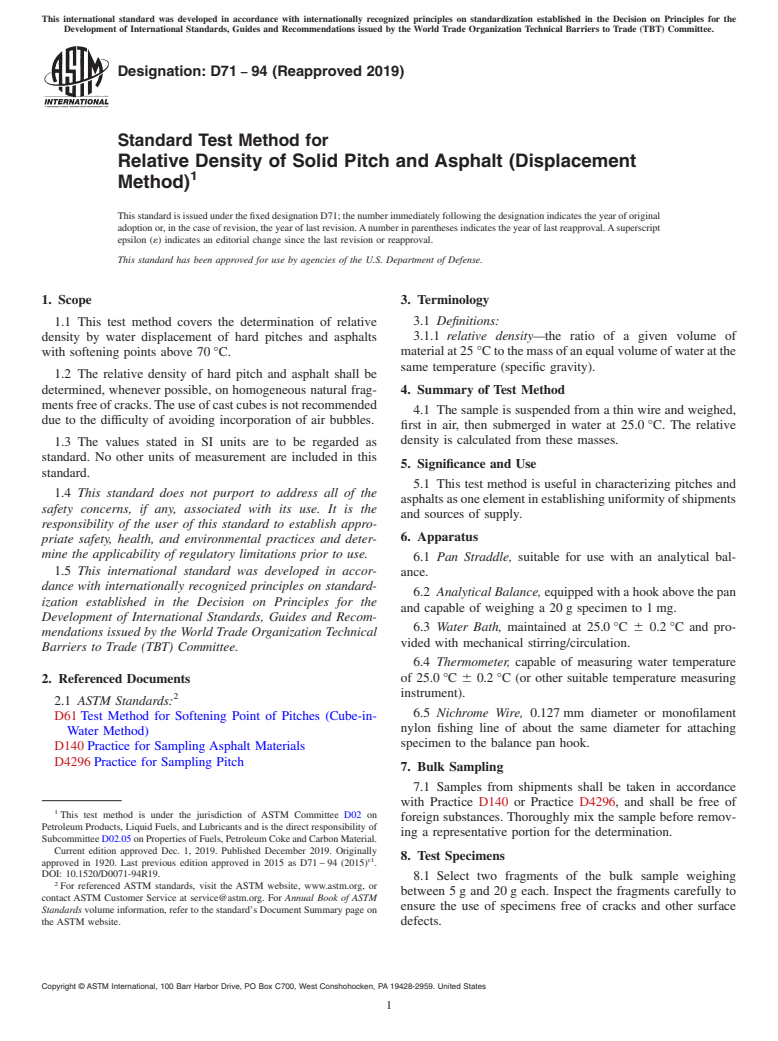 ASTM D71-94(2019) - Standard Test Method for  Relative Density of Solid Pitch and Asphalt (Displacement Method)