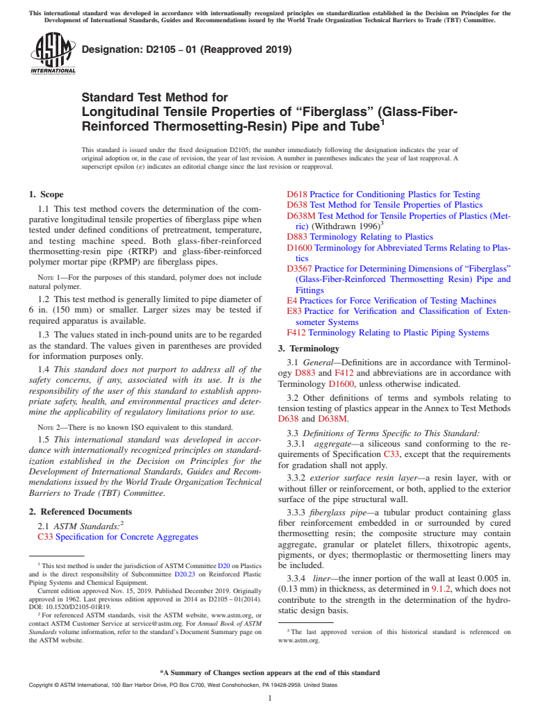 ASTM D2105-01(2019) - Standard Test Method for  Longitudinal Tensile Properties of &#x201c;Fiberglass&#x201d;  (Glass-Fiber-Reinforced Thermosetting-Resin) Pipe and Tube