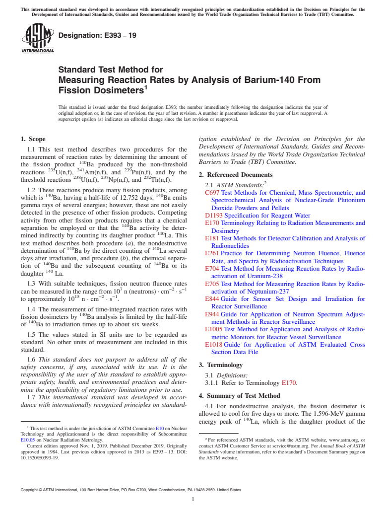 ASTM E393-19 - Standard Test Method for  Measuring Reaction Rates by Analysis of Barium-140 From Fission Dosimeters