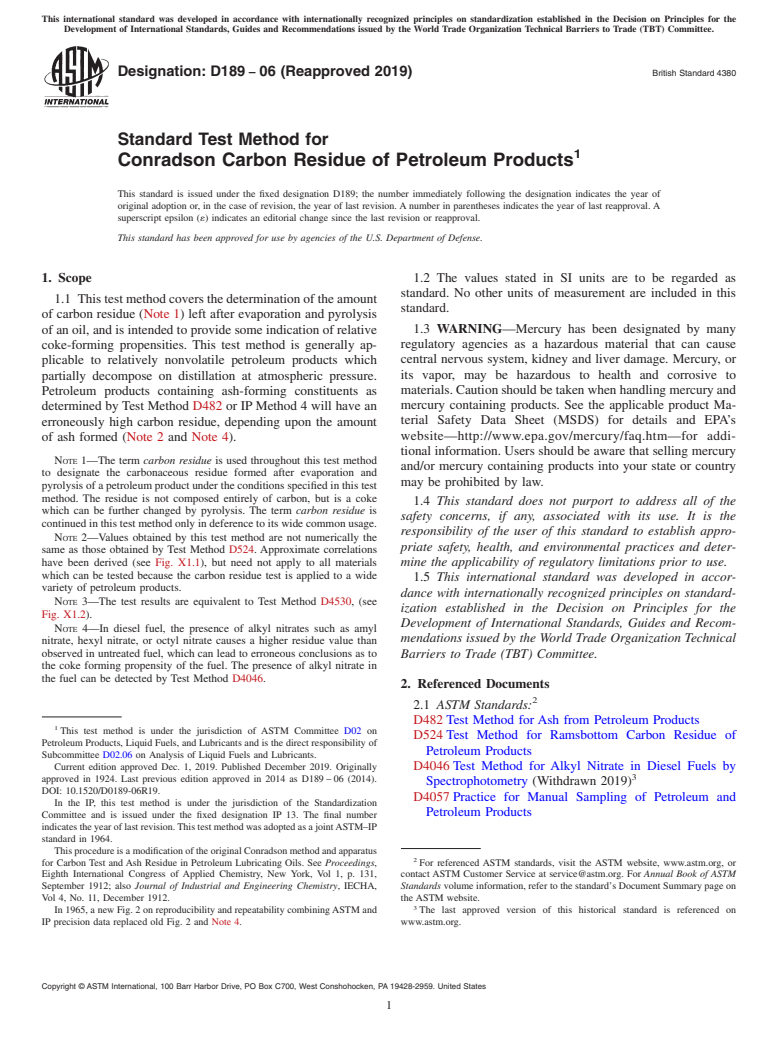 ASTM D189-06(2019) - Standard Test Method for  Conradson Carbon Residue of Petroleum Products