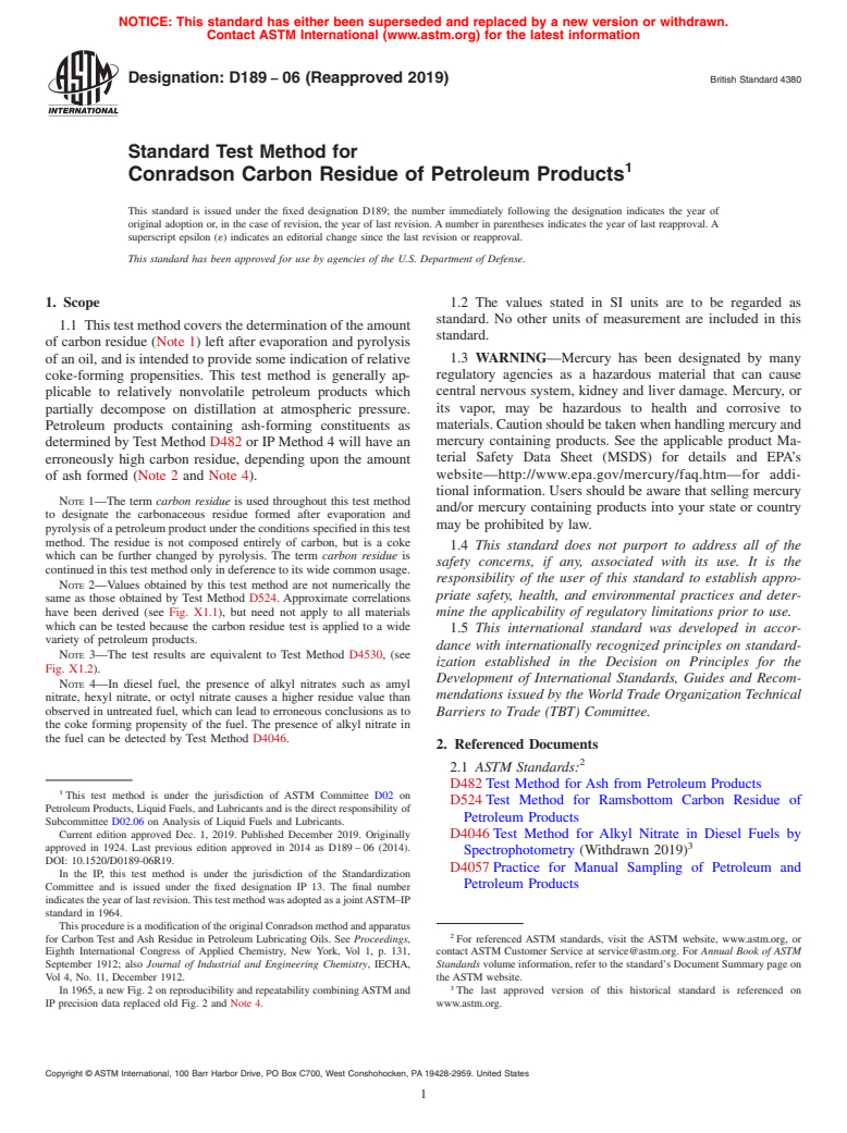 ASTM D189-06(2019) - Standard Test Method for  Conradson Carbon Residue of Petroleum Products