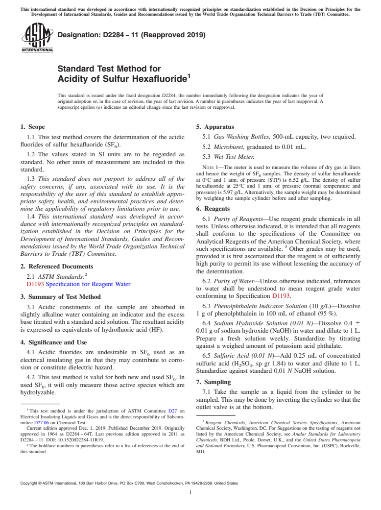 ASTM D2284-11(2019) - Standard Test Method for  Acidity of Sulfur Hexafluoride