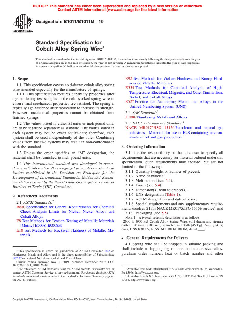 ASTM B1011/B1011M-19 - Standard Specification for Cobalt Alloy Spring Wire