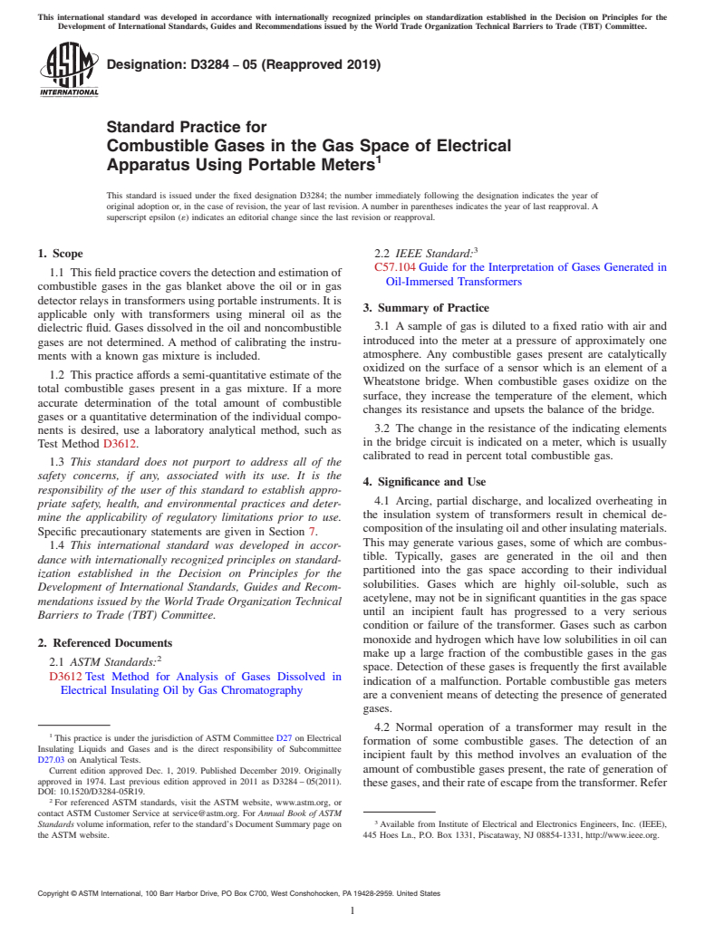 ASTM D3284-05(2019) - Standard Practice for  Combustible Gases in the Gas Space of Electrical Apparatus   Using Portable Meters