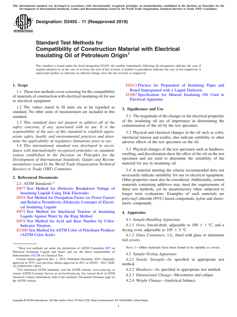 ASTM D3455-11(2019) - Standard Test Methods for  Compatibility of Construction Material with Electrical Insulating   Oil of Petroleum Origin