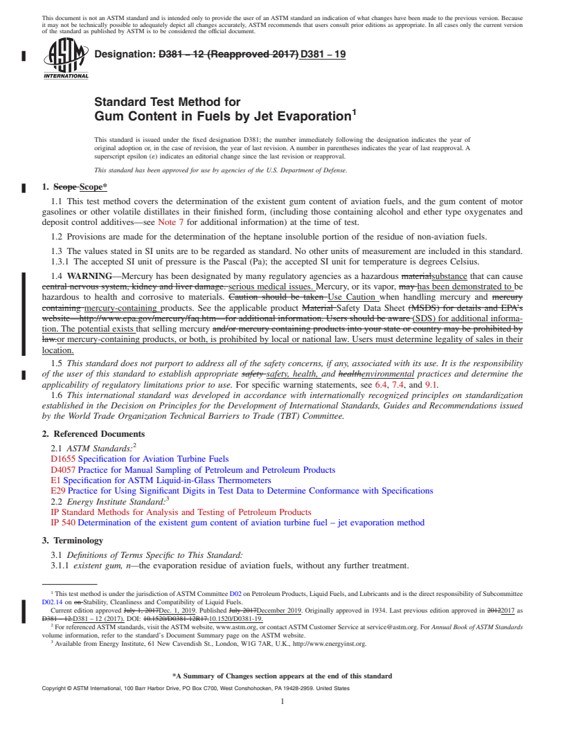 REDLINE ASTM D381-19 - Standard Test Method for  Gum Content in Fuels by Jet Evaporation