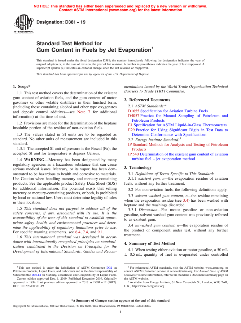 ASTM D381-19 - Standard Test Method for  Gum Content in Fuels by Jet Evaporation