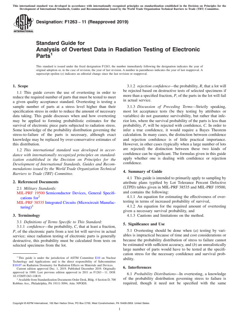 ASTM F1263-11(2019) - Standard Guide for  Analysis of Overtest Data in Radiation Testing of Electronic   Parts