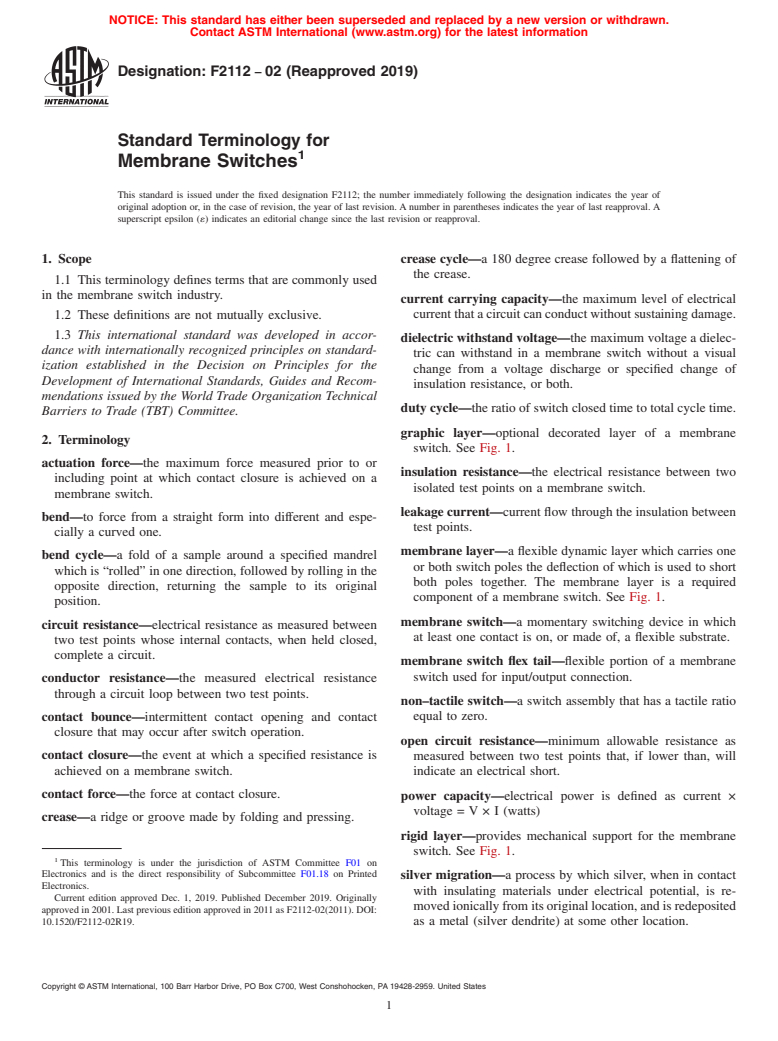 ASTM F2112-02(2019) - Standard Terminology for  Membrane Switches (Withdrawn 2023)