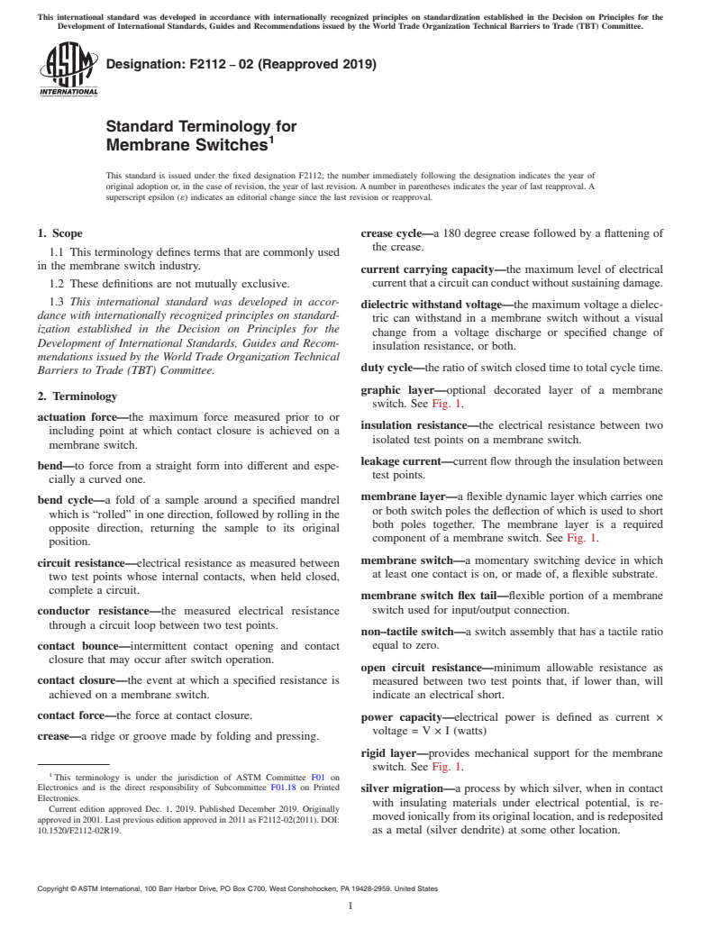 ASTM F2112-02(2019) - Standard Terminology for  Membrane Switches